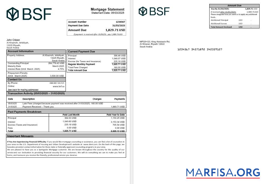 Downloadable Saudi Arabia Banque Saudi Fransi mortgage statement in Word and PDF formats template